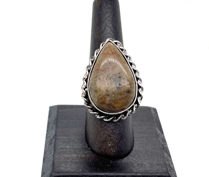 Jasper Tear-Drop Shaped Statement Ring in Tibetan Silver Rope Design