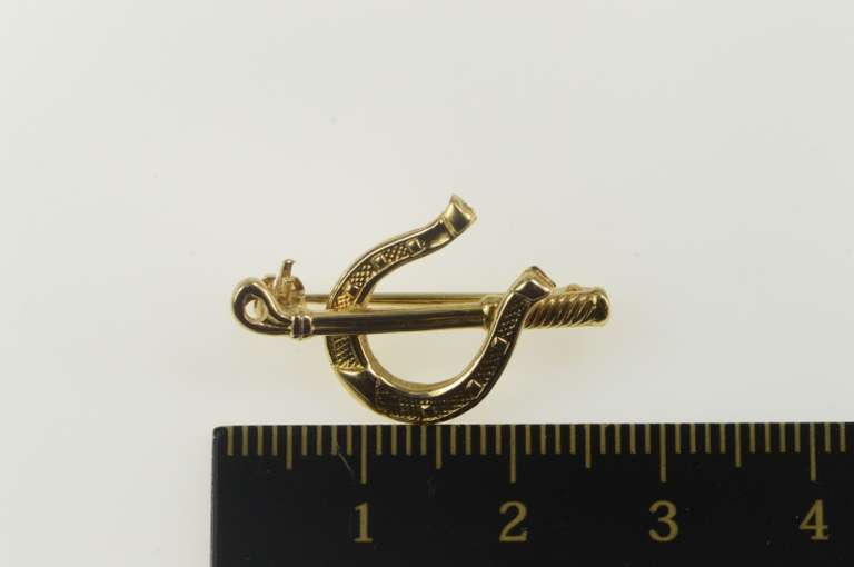 18K Yellow Gold Horse Shoe Whip Riding Crop Equestrian Pin/Brooch
