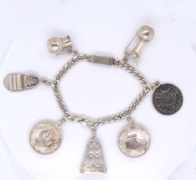 Vintage 925 Sterling Silver Mexico 7 Charms Cuban Link Bracelet