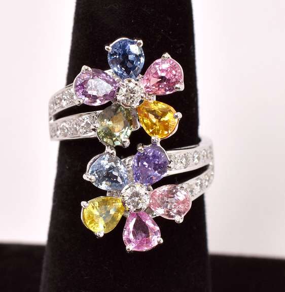 Stunning Floral Multi-Color Sapphire and Diamond Ring in 18K White Gold