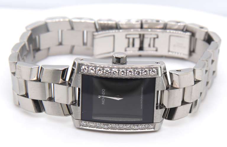 Movado Black Diamond Stainless Steel Elio 22mm Watch