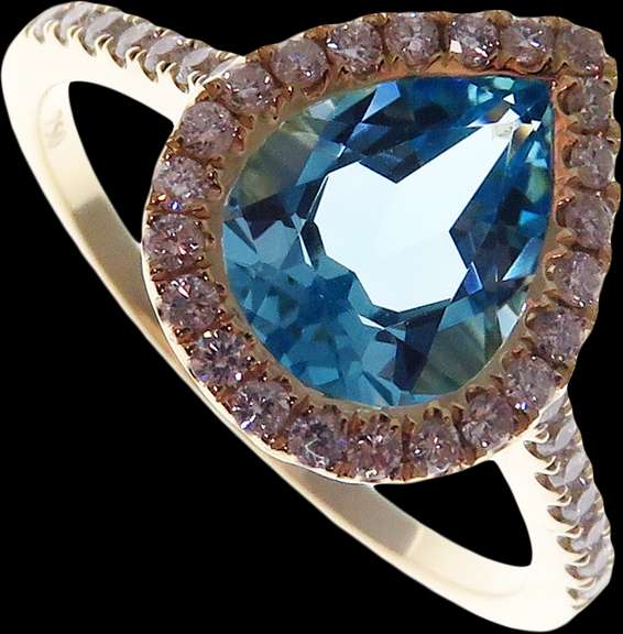 Brilliant Teardrop Topax 18k Gold Ring rimmed with Diamonds