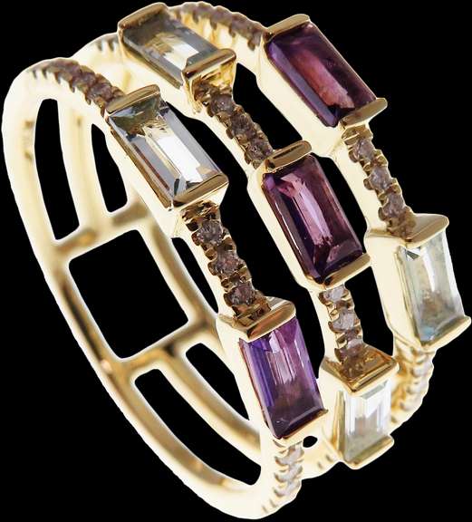 Imposing Triple Tiered Amethyst and Topaz 18k Gold Ring with Diamonds