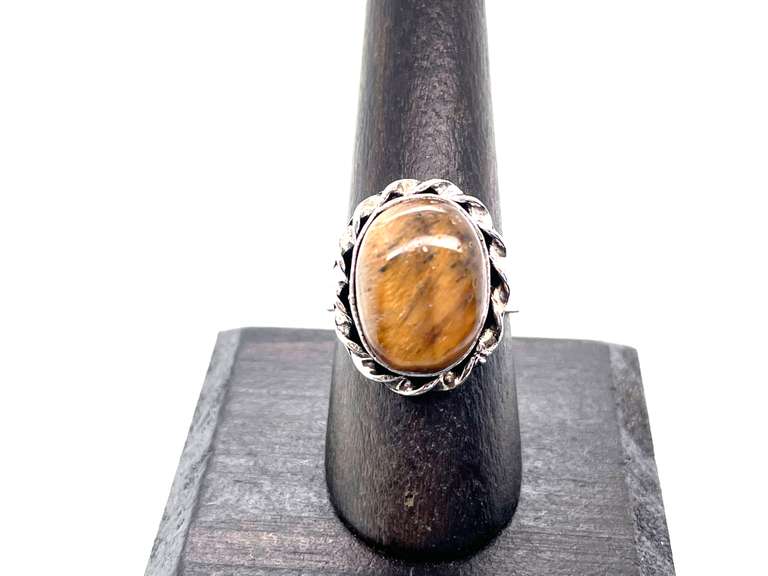 Petite Tiger's Eye in Rope Design Tibetan Silver Ring