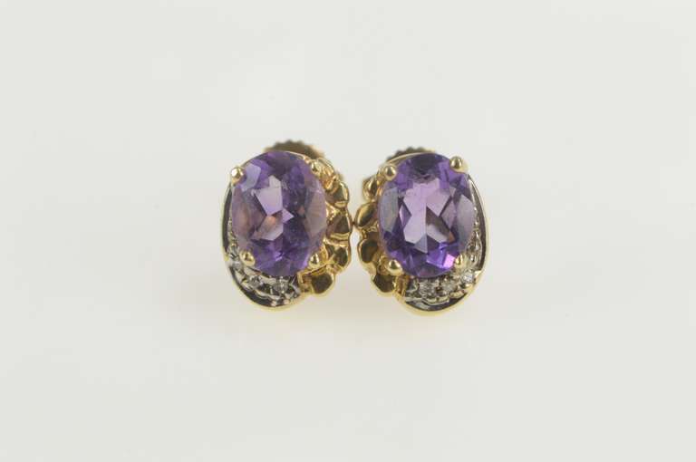 14K Yellow Gold Oval Amethyst Diamond Accent Stud Earrings