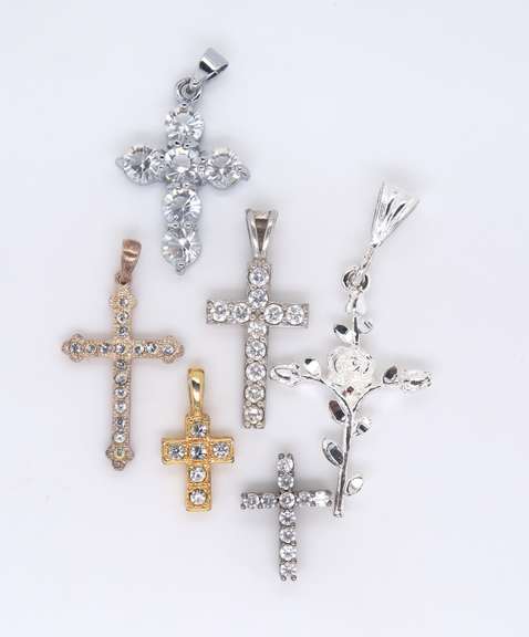 Group Lot of 6 Vintage Sterling Silver Cubic Zirconia Cross Pendants