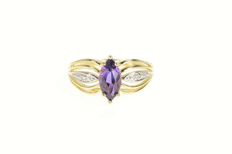 10K Yellow Gold Marquise Amethyst Diamond Accent Statement Ring