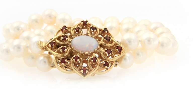 Cultured Pearl Garnet and opal Clasp Double Strand Bracelet