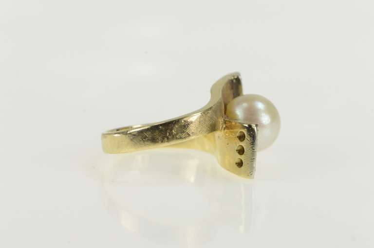 14K Yellow Gold 1960's Pearl Diamond Squared Bypass Ring