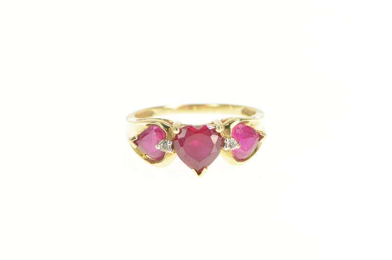 14K Yellow Gold Three Stone Syn. Ruby Heart Diamond Ring
