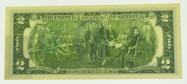 1976 First Day Issue Bicentennial UNC $2 Dollar Bill With Cancellation Stamp