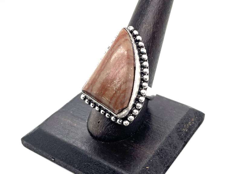 Striped Natural Stone Statement Ring in Tibetan Beaded Silver Design