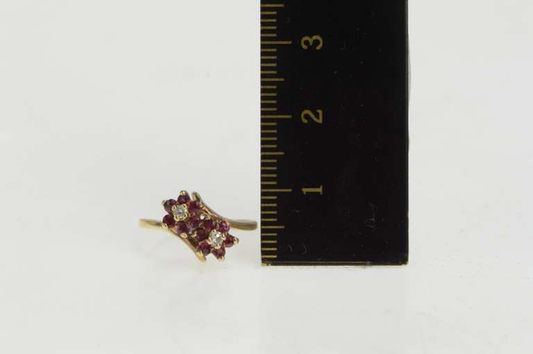 10K Yellow Gold Diamond Ruby Flower Halo Cluster Bypass Ring