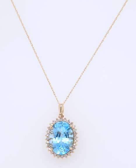 Favorite Yellow Gold Blue Topaz and Diamond Pendant on Chain