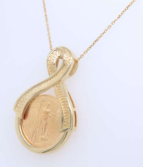 $5 Dollar Walking Liberty Gold in Gold Frame Pendant on Chain