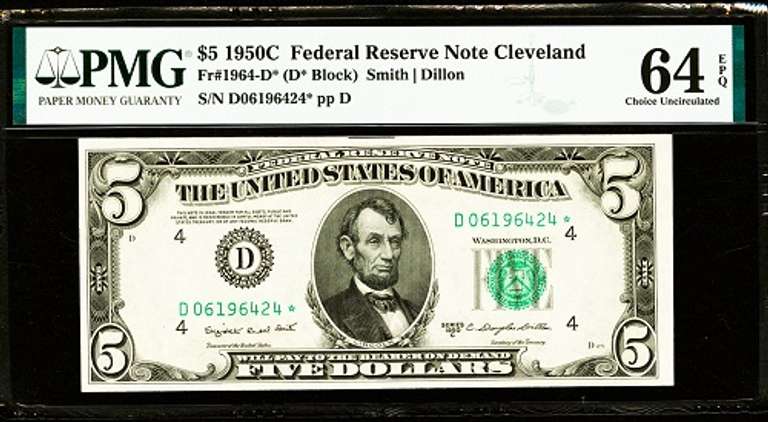 Crisp Exceptional 1950C $5 Star Replacement Note Cleveland PMG 64 EPQ!
