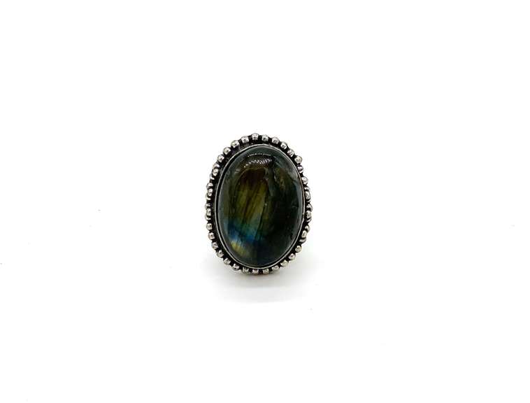 Cabochon Blue-Gray Sheen Labradorite Stone in Tibetan Silver Beaded Design Ring