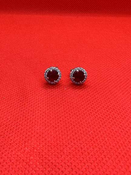 14K WHITE GOLD DIAMOND AND RUBY PUSH BACK EARRINGS