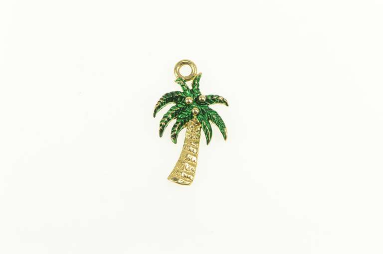 14K Yellow Gold Green Enamel Palm Tree Tropical Motif Charm/Pendant