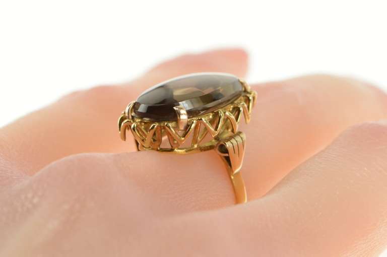 14K Yellow Gold Retro Oval Smoky Quartz Ornate Cocktail Ring