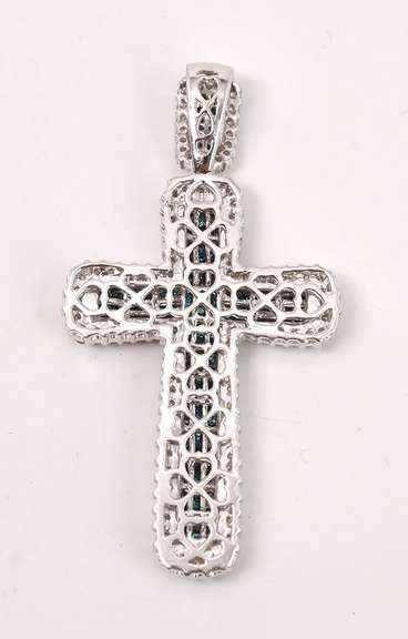 Dazzling Blue and White Diamond Cross Pendant in 18K White Gold