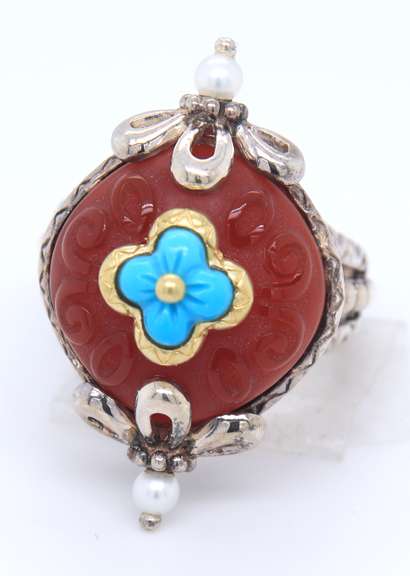 925Sterling Silver Bixby Pearl, Turquoise and Glass Ring