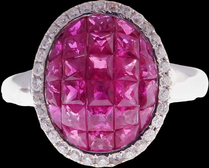 Illustrious Oval Ruby Cluster 18k White Gold Ring with Diamonds
