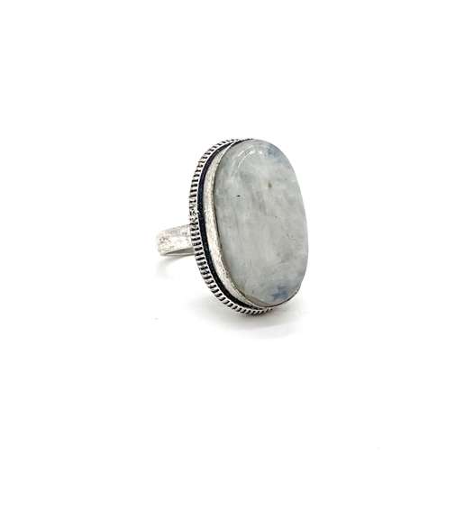 Cabochon Rainbow Moonstone with Blue Sheen Labradorite in Tibetan Silver Energy Ring