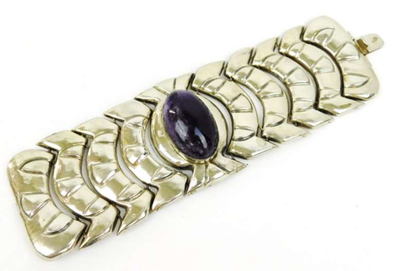 Rare Fred Davis, Mexico Sterling Amethyst Wide Bracelet