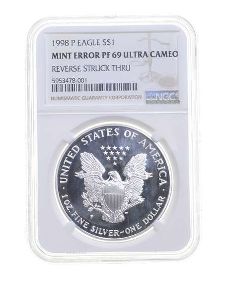 PF69UCAM Mint Error 1998-P American Silver Eagle REV Struck Thru - NGC