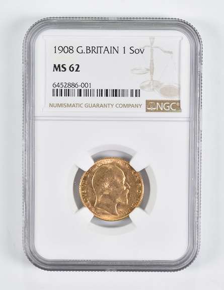 MS62 1908 Great Britain 1 Sovereign Gold Coin NGC