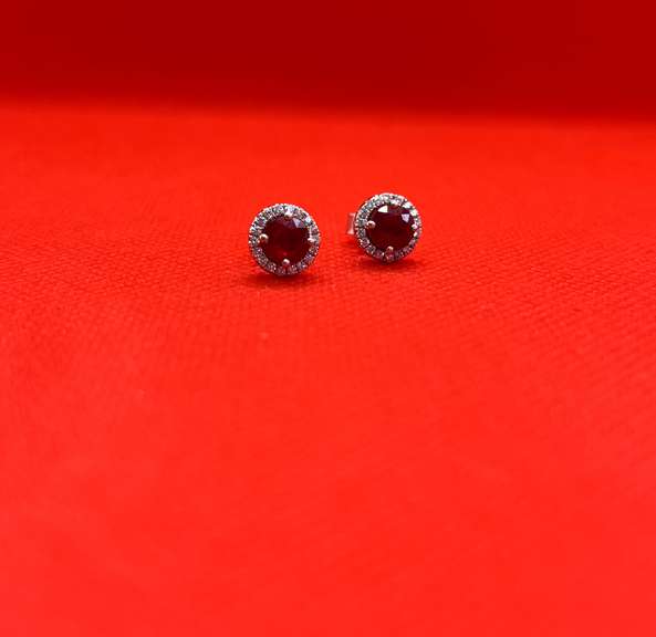 14K WHITE GOLD DIAMOND AND RUBY PUSH BACK EARRINGS