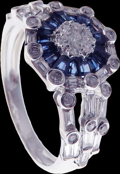 Illustrious 18k White Gold Diamond Cluster Ring with Sapphire Moat
