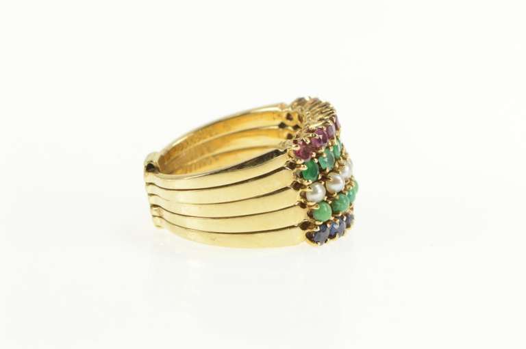 14K Yellow Gold 1960's Layered Emerald Ruby Sapphire Band Ring