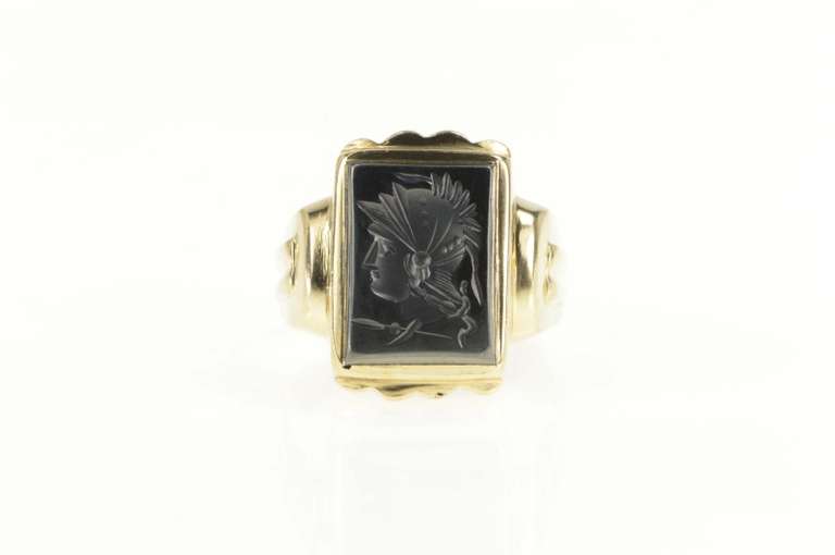 10K Yellow Gold Hematite Soldier Intaglio Retro Statement Ring