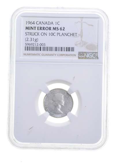 MINT ERROR MS62 1964 Canada 1 Cent Struck On 10C Planchet - Graded NGC