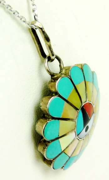 Sterling Navajo Zuni Inlaid Gemstone Pendant & Chain