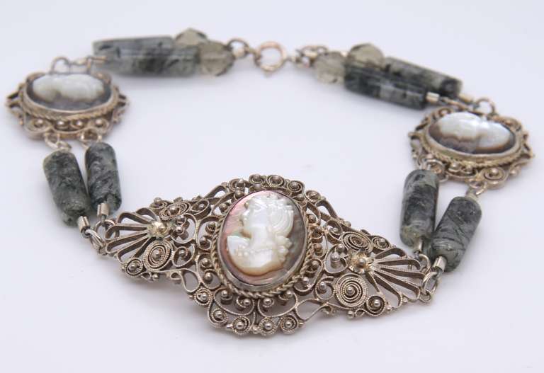 Vintage Sterling Silver Cameo Link Bracelet
