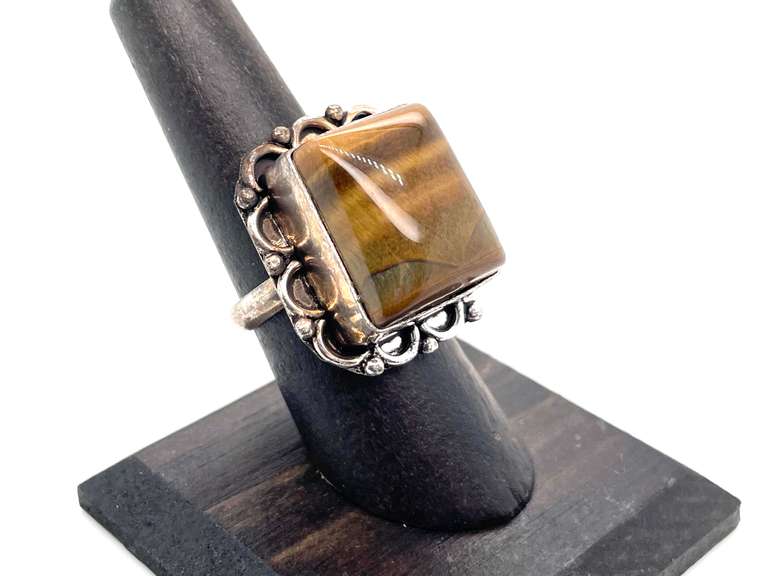 Square Cut Tiger's Eye Statement Ring with Ornate Floral Energy Design in Tibetan Silver