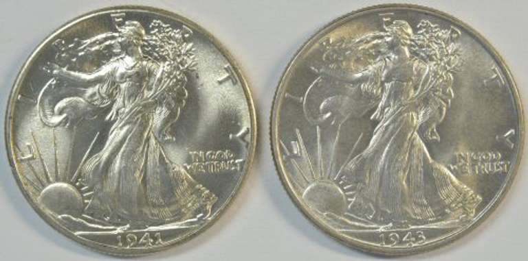 Super Gem BU 1941 and 1943 Walking Liberty Half Dollars