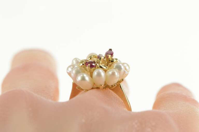 14K Yellow Gold Ruby Pearl Halo Cluster Statement Cocktail Ring