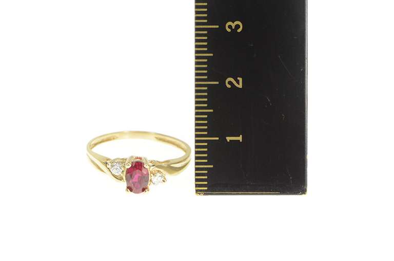 10K Yellow Gold Oval Syn. Ruby CZ Accent Classic Statement Ring