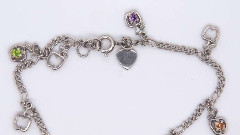 Vintage Sterling Silver Multi Stone Apple Charm Bracelet
