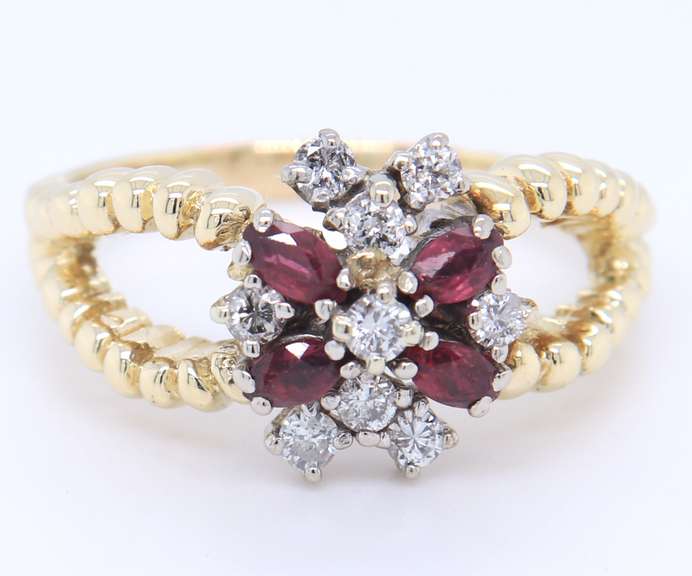 Handsome Yellow Gold Marquise Ruby and Diamond Cluster Split Shank Ring