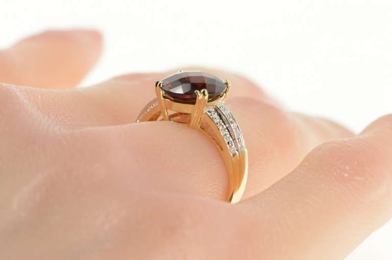14K Yellow Gold Faceted Garnet Diamond Accent Statement Ring