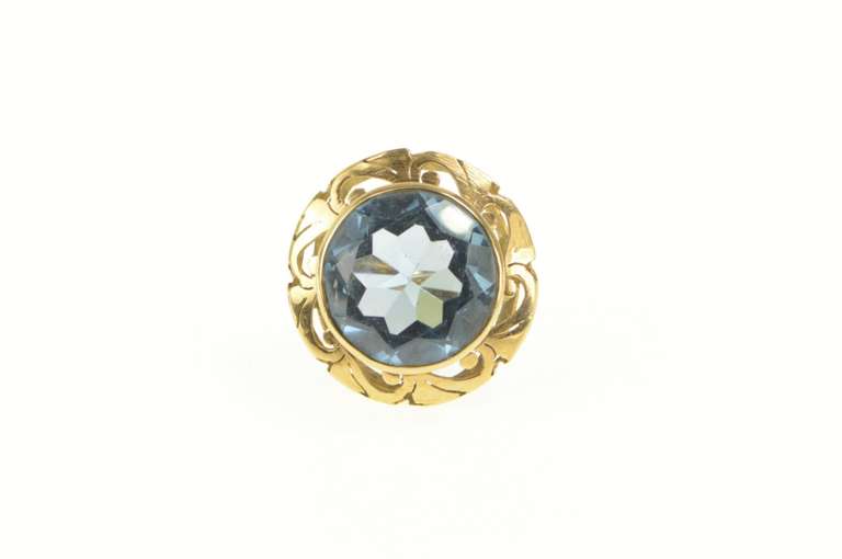 14K Yellow Gold 1930's Massive Blue Topaz Ornate Etched Halo Ring