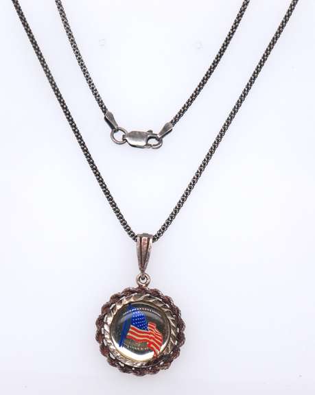 Vintage Sterling Silver American Flag Pendant on Chain