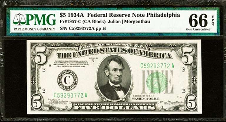 Gem Crisp 1934A $5 Note Philadelphia PMG 66 EPQ!