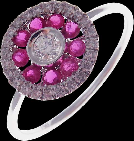 Circular Diamond Center 18k White Gold Ring Flooded with Rubies