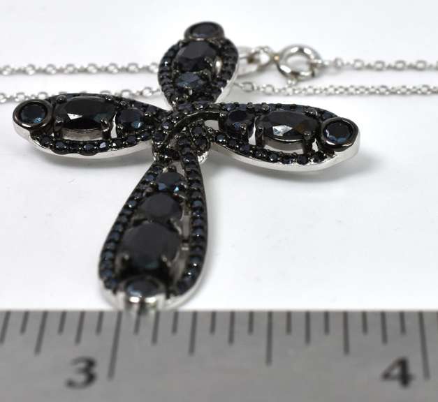 Sterling Silver Cross Necklace with Black Stones